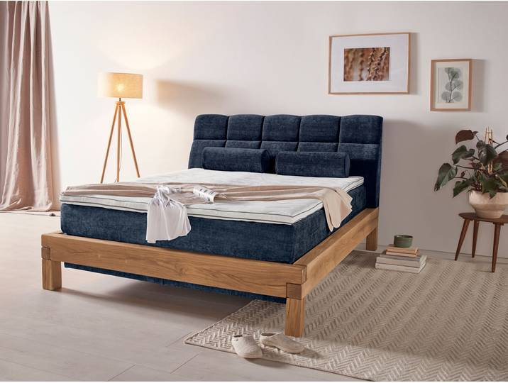 Boxspringbett, Massivholz, Blau, 160×200 cm, 7-Zonen-Taschenfederkern, Klassisch, Home-affaire
