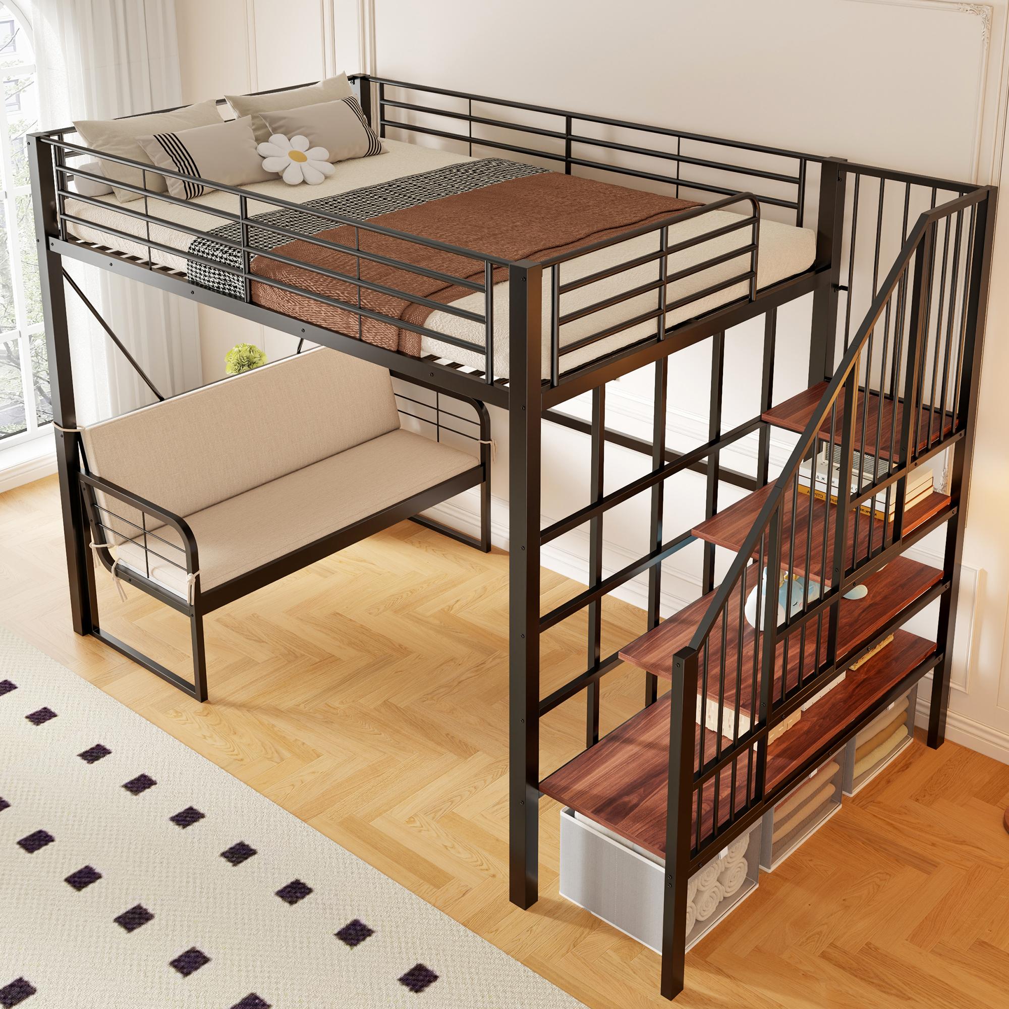 MODFU Hochbett Einzelbett 140x200 mit Stauraum und Sicherheitstreppe Jugendbett mit abnehmbarem Polstersofa ohne Matratze Schwarz