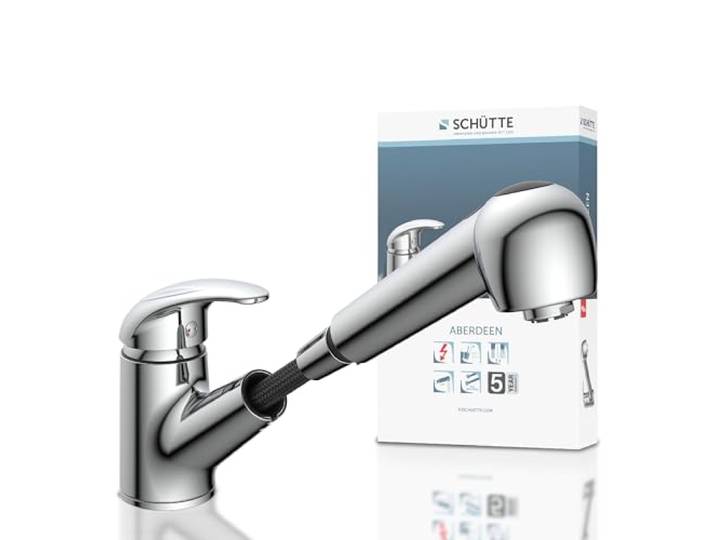SCHÜTTE 33379 ABERDEEN Niederdruck-Küchenarmatur mit ausziehbarer Geschirrbrause, Wasserhahn für die Küche mit Anti-Nachlauf-Funktion, Mischbatterie mit Einhebelmischer, Spültischarmatur, Chrom