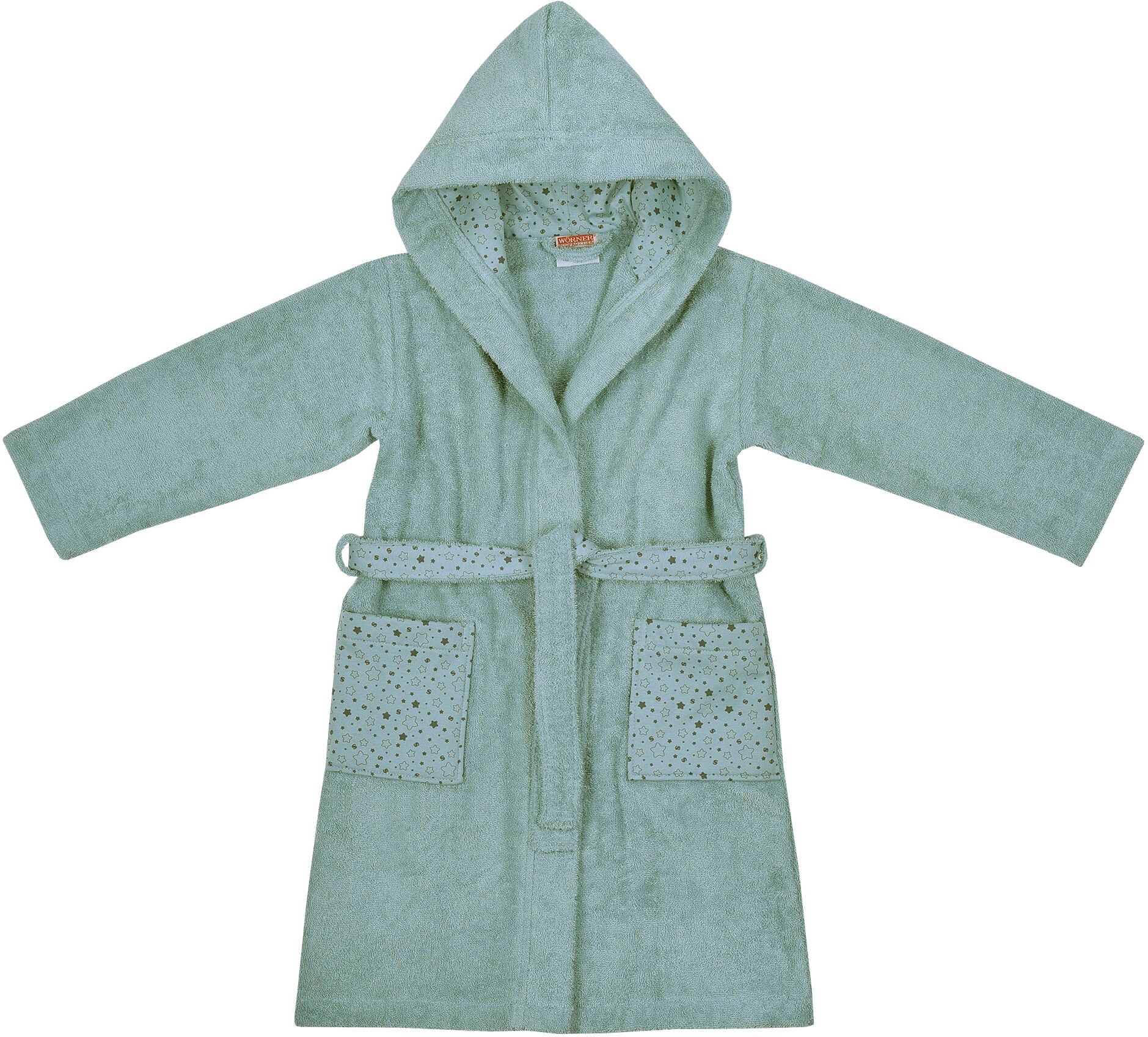 Kinderbademantel WÖRNER "Sterne" Gr. 98, blau (eisblau), L:65cm, Baumwoll-Webfrottier, Hausmäntel, Kinderbademantel, mit Stickerei, mit Taschen, maschinenwaschbar, trocknergeeignet eisblau 98/104 L: 65cm
