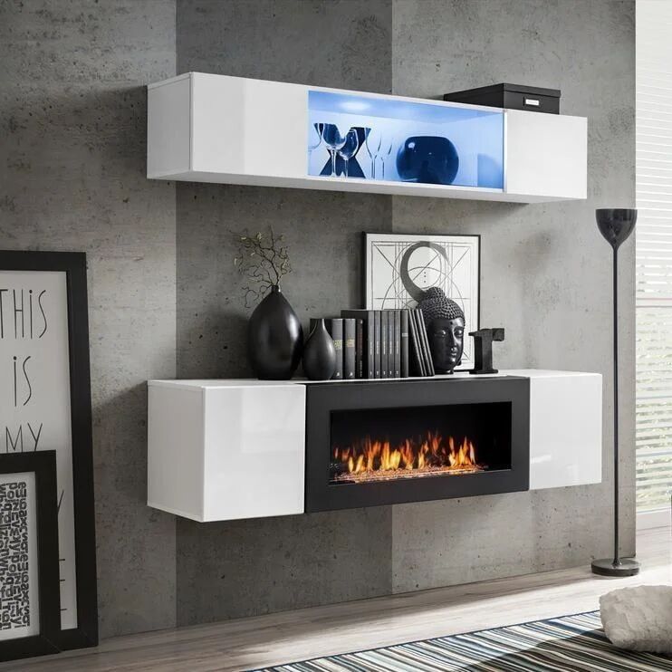 garneroarredamenti Parete attrezzata sospesa 160x150h cm con biocamino e vetrinetta bianco Ignis 3 Gihome®