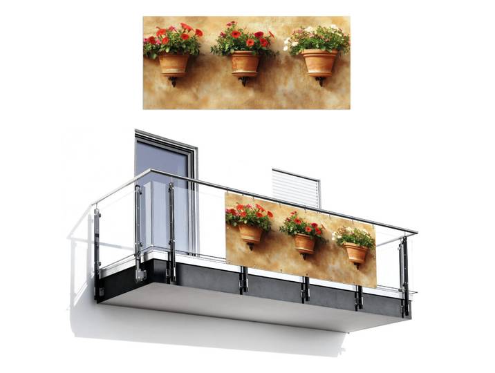 MuchoWow Balkon-Sichtschutz - Blumentöpfe - Wand - Vintage - 200x90 cm, Terracotta, Kunststoff, Rechteckig, 200x90 cm, Sonnen- & Sichtschutz, Sichtschutz Garten