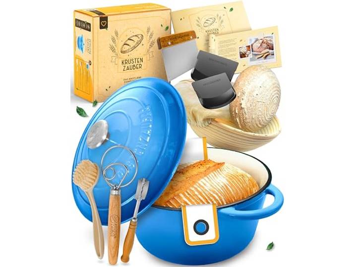 KRUSTENZAUBER Brotbacktopf mit Deckel im XXL-Set für gelungenes erstes Brot Gusseisen Topf mit Deckel als Backset für Anfänger inkl. Zubehör wie Gärkorb, Schneebesen, Bäckermesser, Brotschlinge