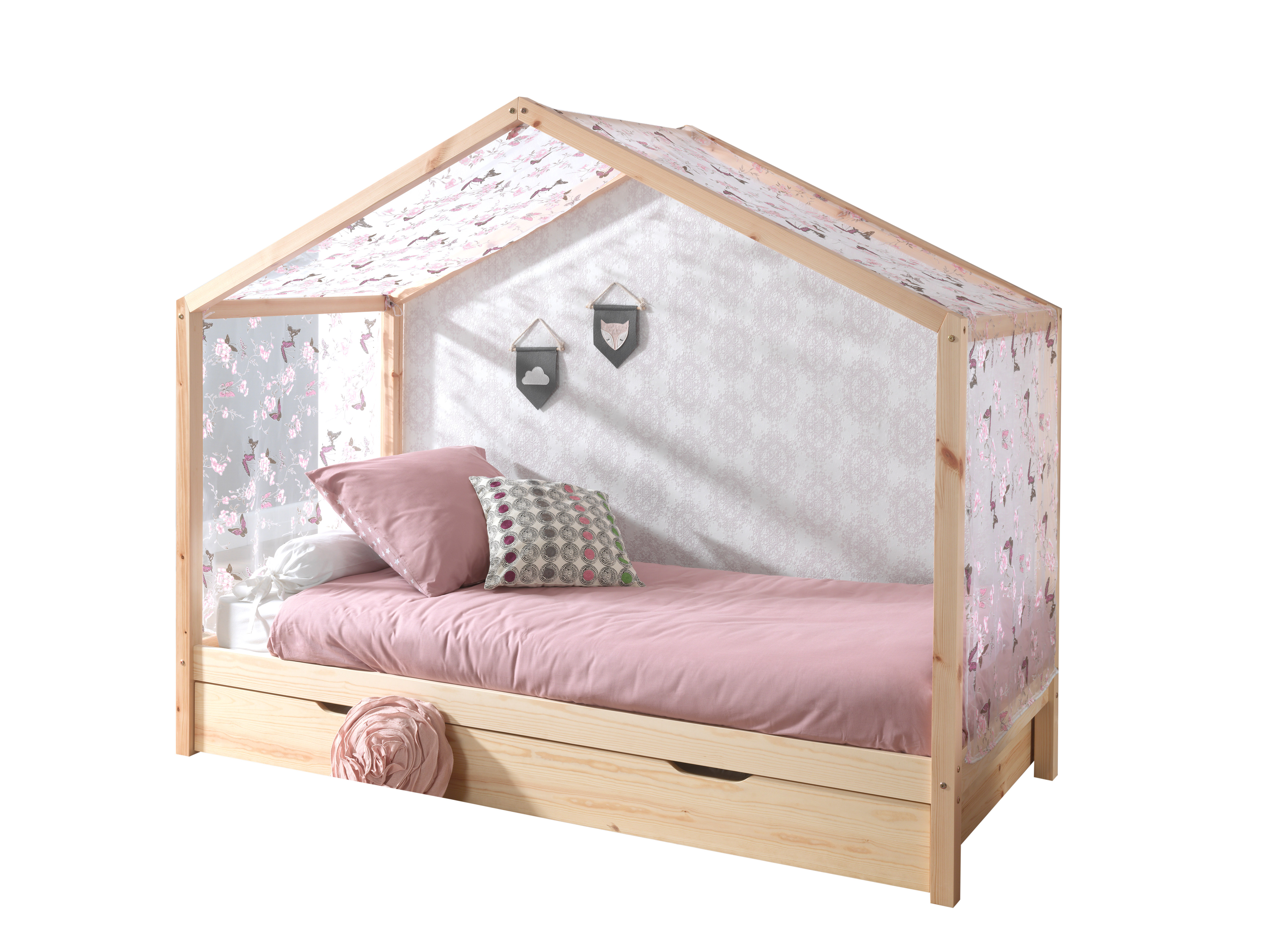 Vipack Hausbett Dallas Bett ZH 90 x 200 cm Natur + Textilzelt Butterfly + Ausziehbett