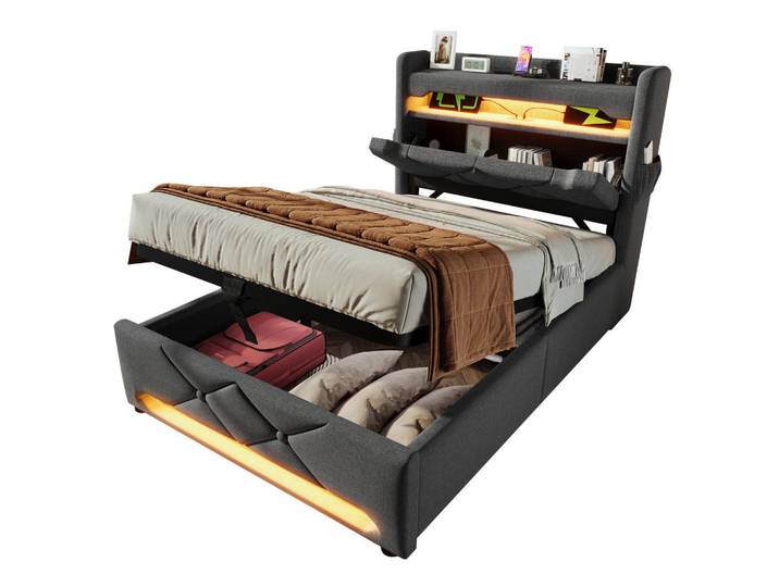 Flieks Polsterbett 90x200cm Einzelbett mit Usb-C & 360° LED Beleuchtung Grau, Holz, 90x200 cm, Schlafzimmer, Betten, Polsterbetten