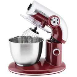 H.Koenig KM80 Küchenmaschine / 5 L Schüssel aus Edelstahl / bis zu 2kg Teig / 3 Aufsätze / 1000 W / 4 Geschwindigkeitsstufen / rot
