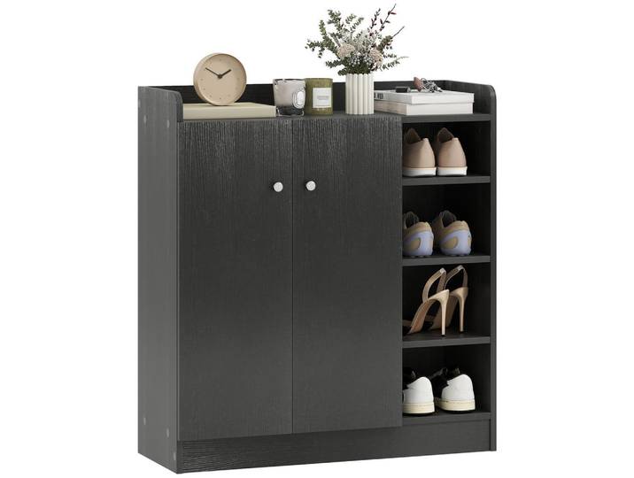 ComfortXL Schuhschrank De-14973 4 offene Fächer & Doppelschrank mit 4 Einlegeböden Schwarz, 83x90x30 cm, Garderobe, Schuhaufbewahrung, Schuhschränke