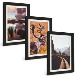 BILDER SET 3er Set - 20x30 cm Schwarzer Rahmen - Berglandschaften mit Rentieren