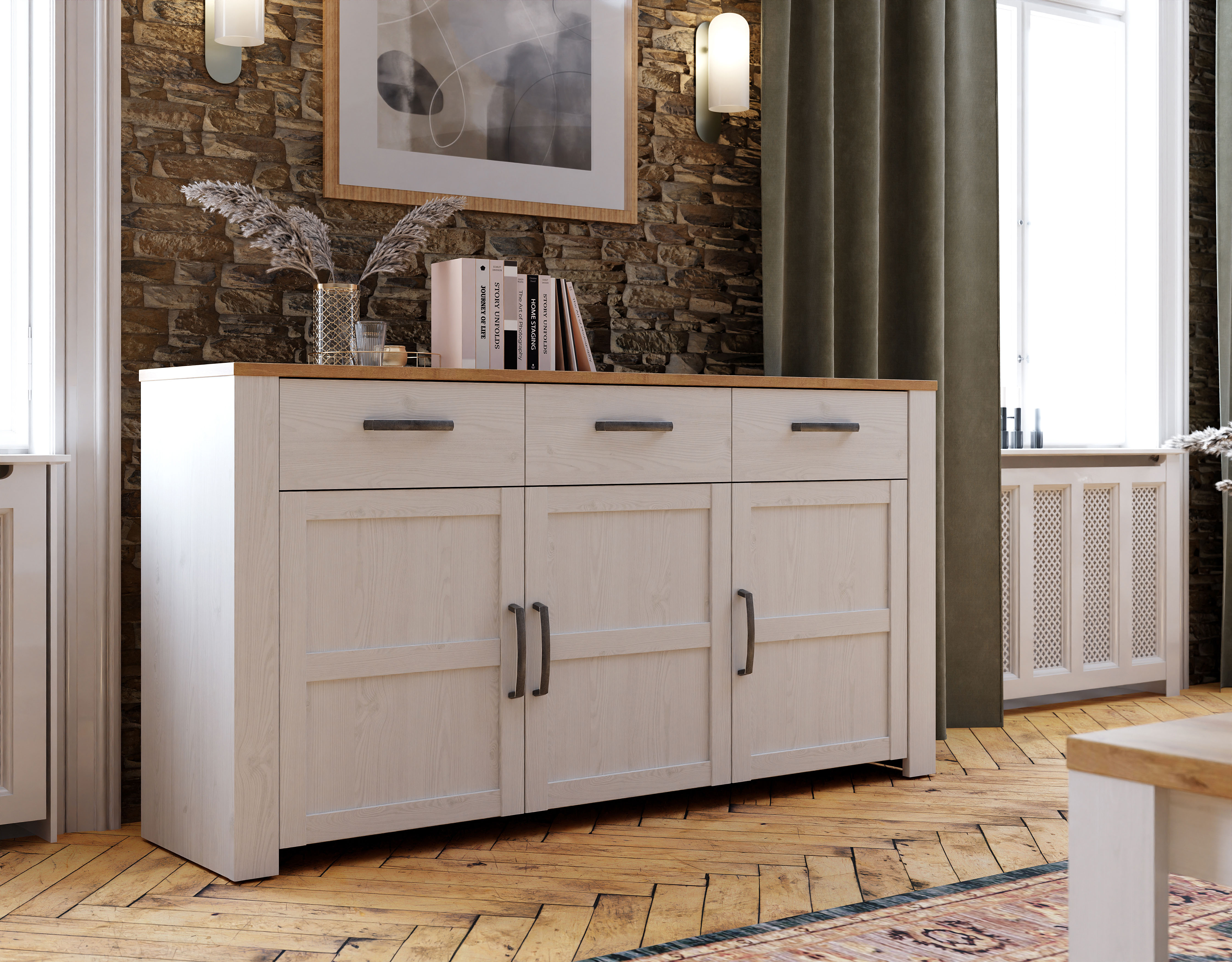 Sideboard FORTE "Bohol, Sideboard, Soft-Close, Stauraum", weiss (riviera eiche, sibiu lärche hell), B:166,1cm H:87cm T:42cm, Spanplatte, Sideboards, Sideboard, B/H/T 166,1/87/42cm, 3 Türen, 3 SK riviera eiche, sibiu lärche hell B/H/T: 166,1cm x 87cm x 42c