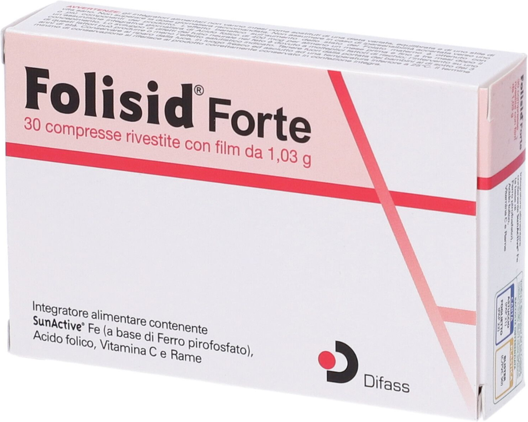 DIFASS INTERNATIONAL SpA Folisid Forte 30 Compresse, Integratore con Ferro, Acido Folico, Vitamina C, Rame, Gravidanza, Fabbisogno Nutrienti