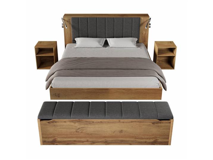 Redom Doppelbett 160/200 cm mit Leselampen, USB-Anschluss, Nachttischen und Bettbank, Eiche, Eichefarben, 160x200 cm, Schlafzimmer, Betten