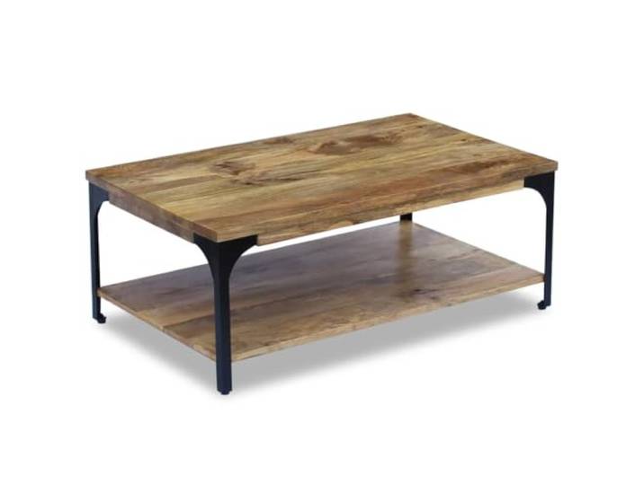 LASWWQMRF Couchtisch Mangoholz Massiv 100x60x38 cm Wohnzimmertisch Handgefertigter Beistelltisch aus Echtholz und Metall mit praktischer Unterablage für Zeitschriften im Wohnzimmer.