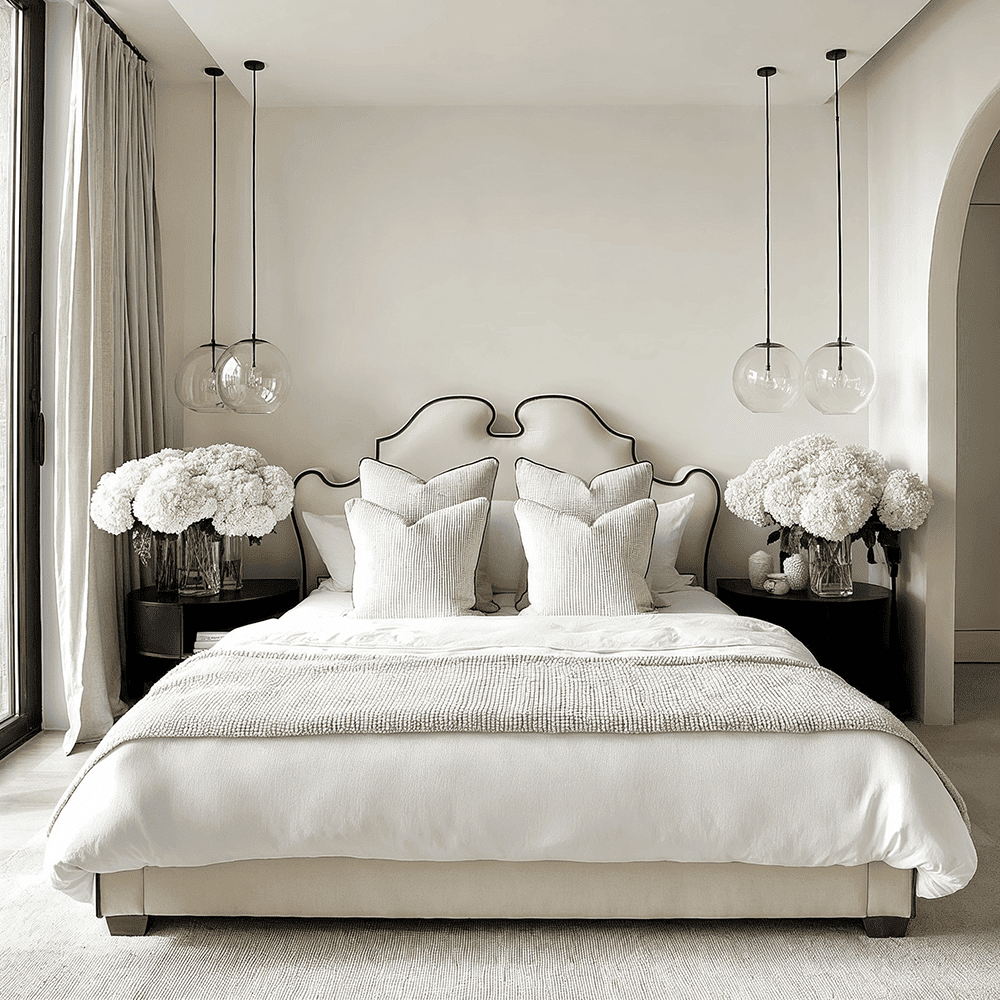 Seraphina Vanilla Velvet Statement Curved Bed with Black Piping Detail, Double