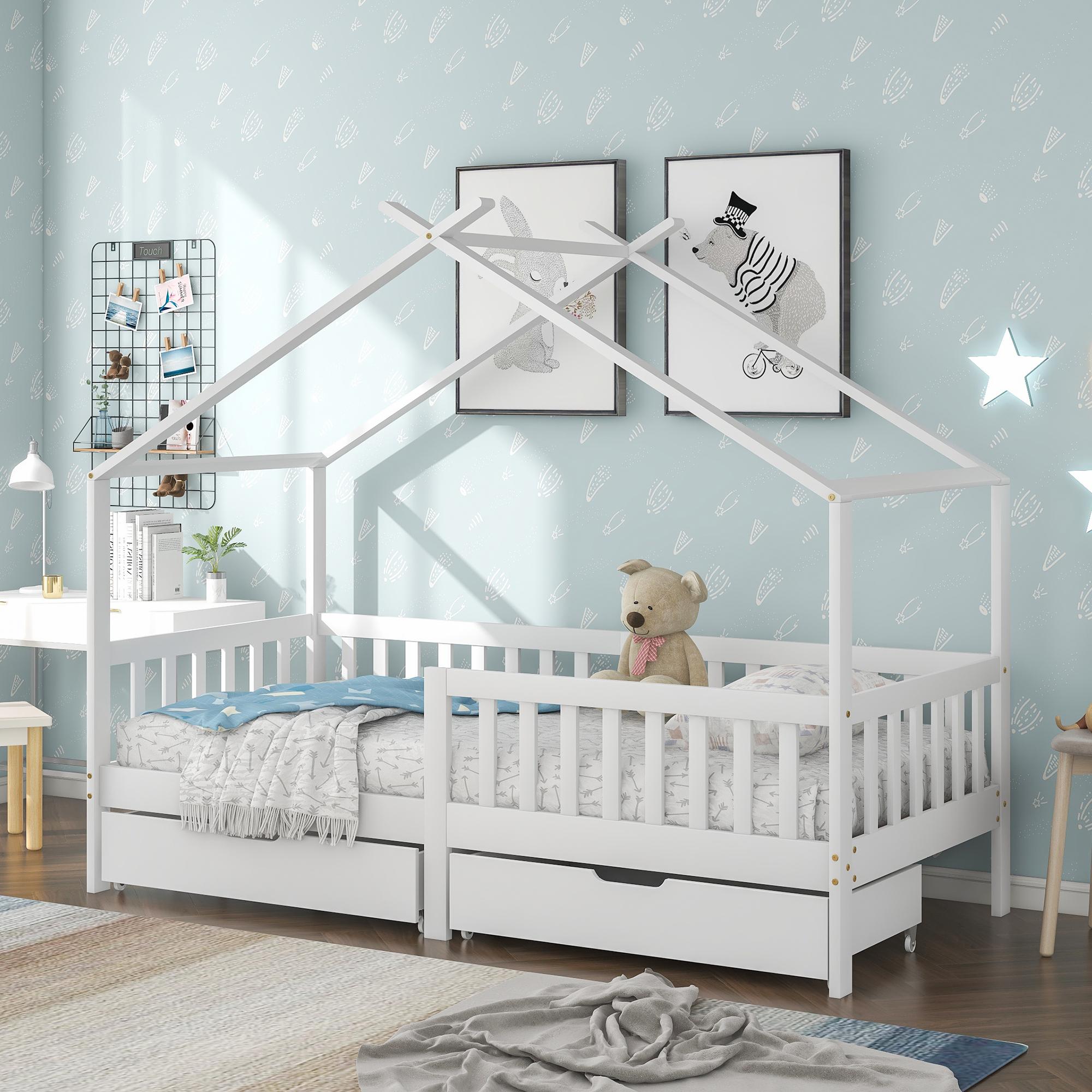 Kinder-Hochbett 200x90cm weiß: Massivholz, 2 Schubladen + Lattenrost, Schutzgitter + Absturzsicherung, für Kinder/Jugendliche