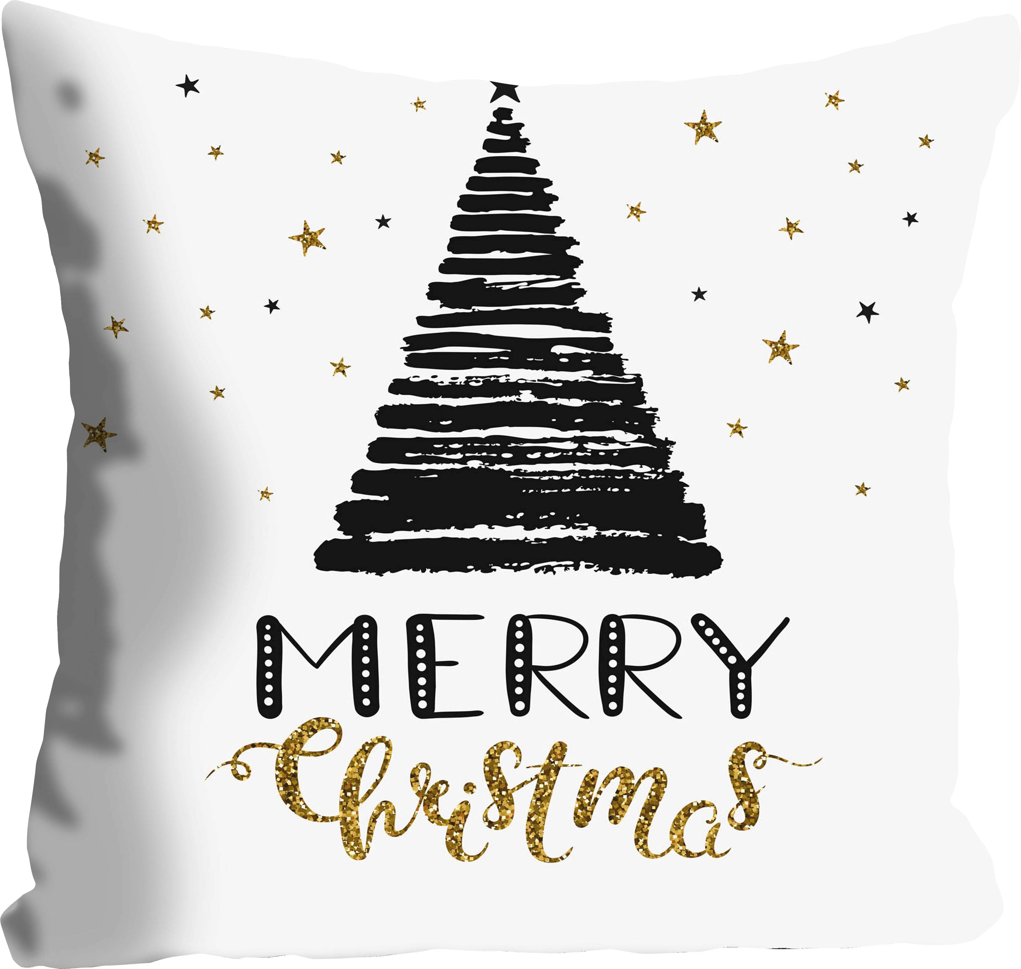 Dekokissen QUEENCE "Levi", gold (goldfarben, bedruckt), B:40cm L:40cm, Polyester, Dekokissen_Sitzkissen_Kissenhüllen, Dekokissen, Kissenhülle,Merry Christmas,Tannenbaum,Weihnachtsmotiv,Festlich