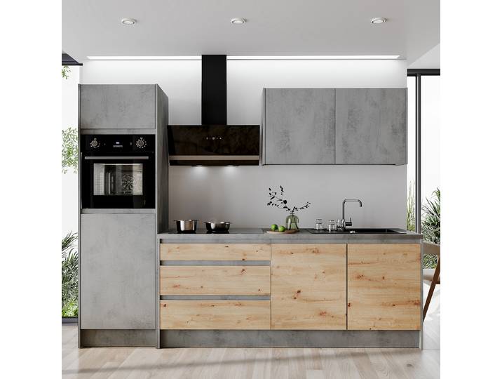 Küchenzeile Sedlec Kombi B 273 x 210 x 60cm Braun/Grau/Beton Dekor Elektrogeräte Premium