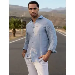emilio adani Herren Modisches Leinen-Hemd Blau regular uni Haifisch - XXL