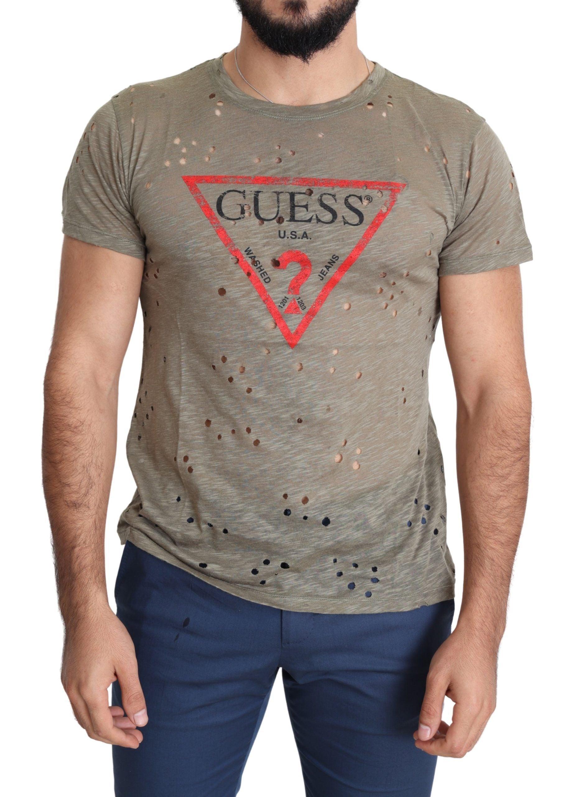 Guess Braun Baumwolle Stretch Logo Druck Herren Freizeit Perforiertes T-Shirt