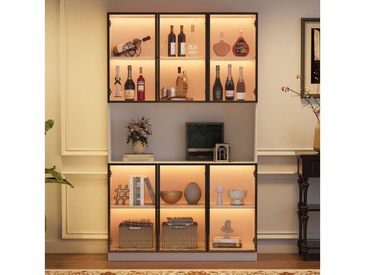 Vitrine en verre avec LED Vitrine Sur Pied Avec 6 Portes D'armoire Stockage Armoire Multifonction Armoire Haute 120x34x200cm blanc