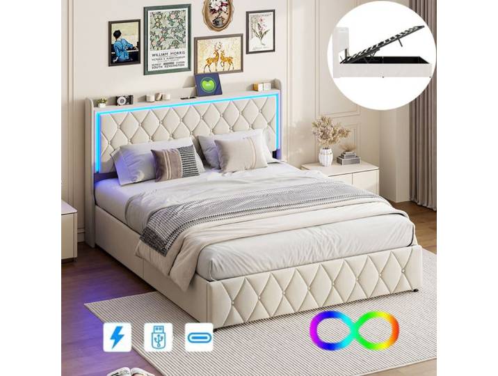 Lit coffre 140 x 190 cm ADWOLT LED hydraulique Style moderne tissu en velours cadre de lit 140 x 190 cm beige