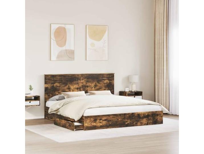 SKTQYQO Bett mit Bettkasten mit Kopfteil Eiche Rauchgrau 180 x 200 cm Mehrschichtiges Holz, 2 integrierte Schubladen, Plattformleisten, leicht zu reinigen und zusammenzubauen