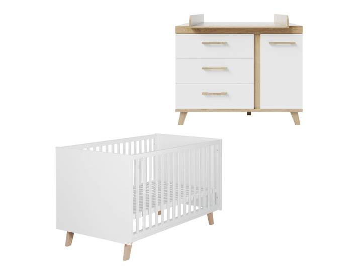 Möbelset 'Smile' 2-teilig - Kombi-Bett 70x140 + Wickelkommode - Artisan Eiche / Weiß