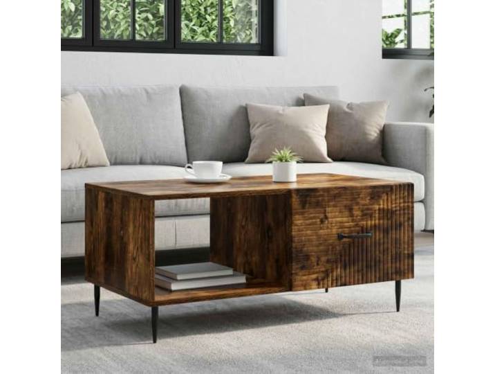 Couchtisch Geräucherte Eiche 90 x 50 x 40 cm Holzwerkstoff mit Metallbeinen Rechteckig, konische Metallbeine, 2 Staufächer, Pendeltüren, pflegeleichte Oberfläche, Industrie-Design