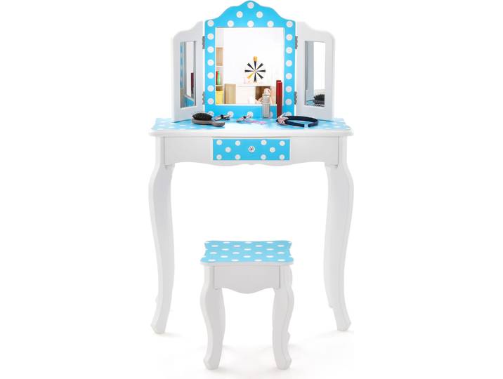 COSTWAY Kinder Schminktisch mit Hocker, Schminkkommode im Prinzessin-Stil (Punkt-Blau)