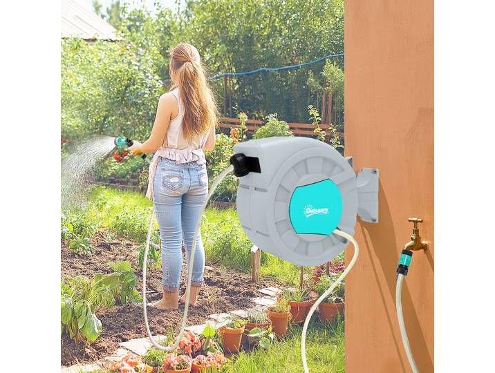Outsunny Enrouleur tuyau arrosage dévidoir de tuyaux d'eau 25+2 m support mural + poignée pivotant à 180° 55 x 20 x 42 cm gris