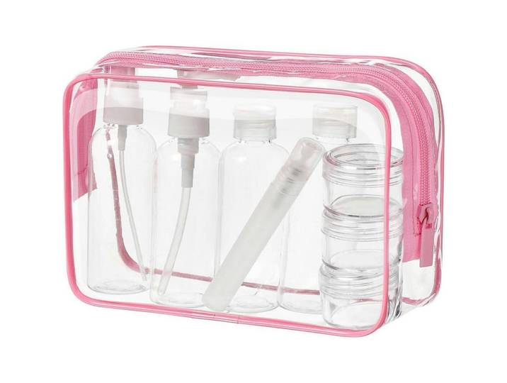 Kulturbeutel 9-teiliges Set transparent mit Reiseflaschen, Transparent, Kunststoff, 16x6x21 cm, Badaccessoires, Kosmetikdosen