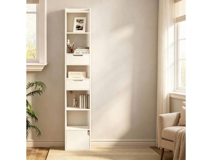 VUENOR Bibliothèque blanche haute 33x181x24 cm – 6 étagères 2 tiroirs porte