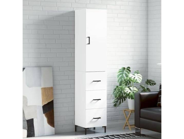 Elegantes Highboard aus Holzwerkstoff langlebig mit Metallfüßen und Wandhalterung, Weißes Highboard fürs Wohnzimmer als praktischer Wohnzimmerschrank mit Wandhalterung