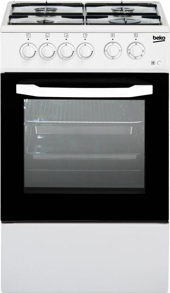 Beko CSS42014FW, Freistehender Herd, Weiß, Tasten, Drehregler, Vorderseite, Emaille, Gaskochfeld