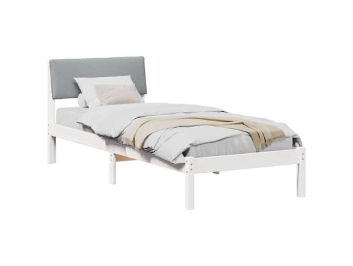 KTHLBRH Bettgestell weiß hellgrau 75 x 190 cm Massives Kiefernholz, gepolstertes Kopfteil ohne Box Spring, stabile Basis