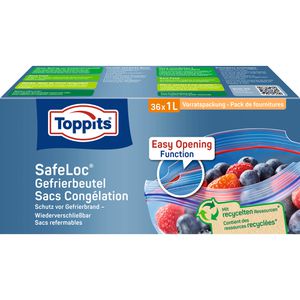 Toppits Gefrierbeutel Doppelverschluss 1 Liter, Safeloc, Vorratspack XL 36 Stück