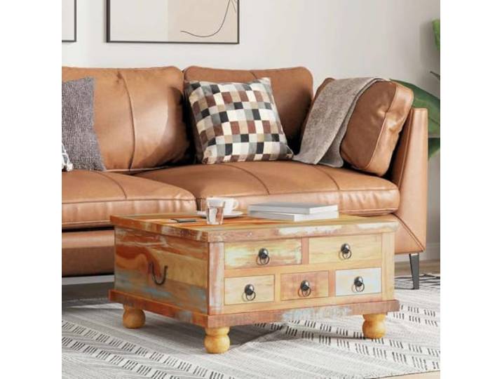pokgdf Couchtisch Altholz 70x70x38 cm, Wohnzimmertisch mit 5 Schubladen, Beistelltisch, recyceltes Holz, Unikat, Stauraum, Vintage, handgefertigt, Teakholz, Mangoholz