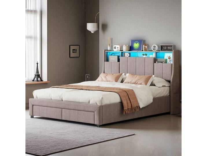 Lit 140x200 cm - NMONET - LED - tissu en lin - cadre de lit double 140x200 cm - gris