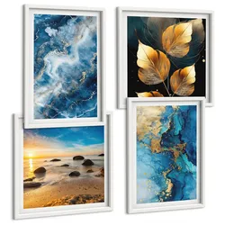 BILDER SET 4er Set - 50x50 cm & 40x60 cm Weißer Rahmen - Bilder mit blau-goldenen Mustern
