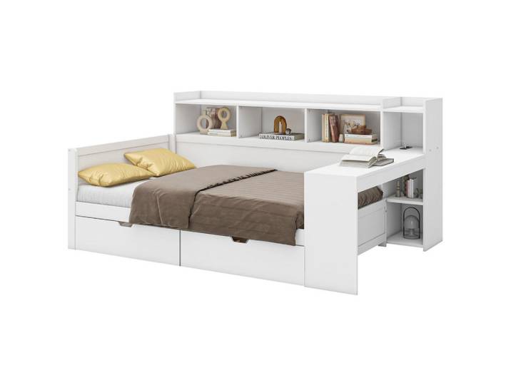 Okwish Bett 90/200 cm mit Nachttischablage und USB-Anschluss in Weiß, 90x200 cm, Schlafzimmer, Betten