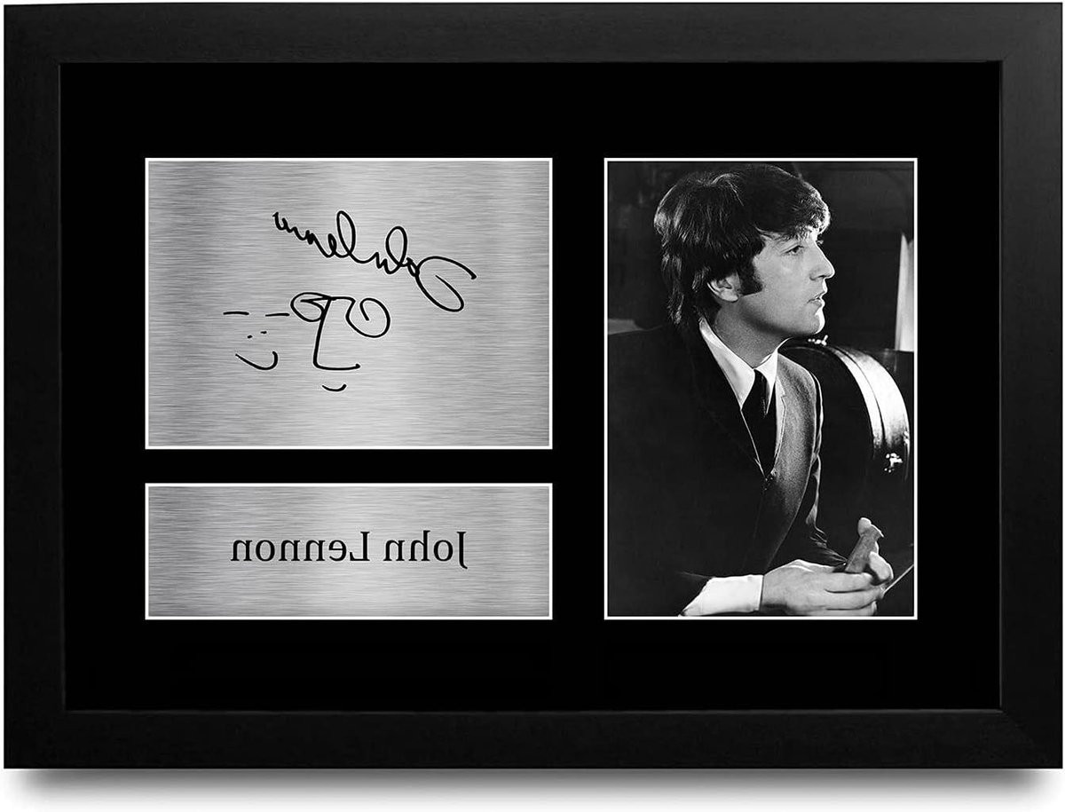 John Lennon Muziek Poster met Gedrukte Handtekening Replica - Ingelijste Foto - A4 - Zwart