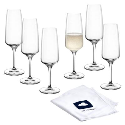 Sektglas LEONARDO "Sektgläser CESTI + Poliertuch", transparent (transparent, weiß, blau), H:21cm Ø:7cm, Kristallglas, Trinkgefäße, 6 Sekt-Gläser mit Poliertuch
