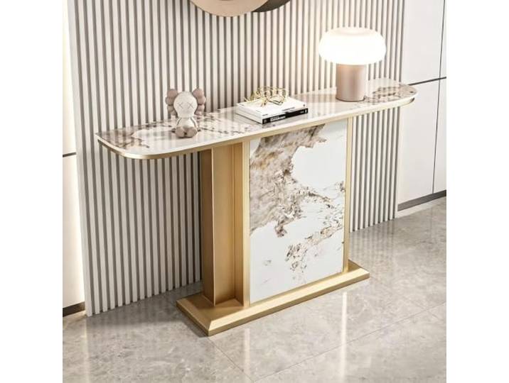 Moderner Konsolentisch, Sintersteinplatte, Metallgestell,schmaler Flurtisch Sintersteinplatte, Kratzfest, Metallgestell, Platzsparend, Flur, Wohnzimmer(Gold-white-gold,80cm(31.5 ))