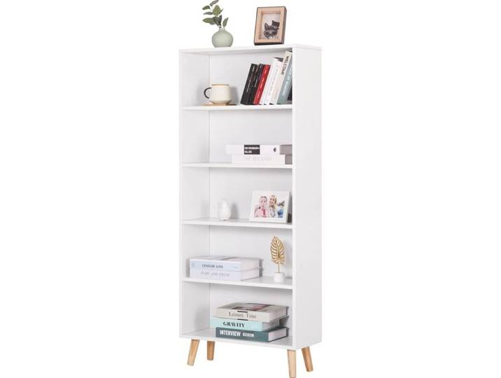 Bibliothèque ouverte blanche - WOLTU - 60x24x144 cm - 5 compartiments ouverts - Pieds en bois massif