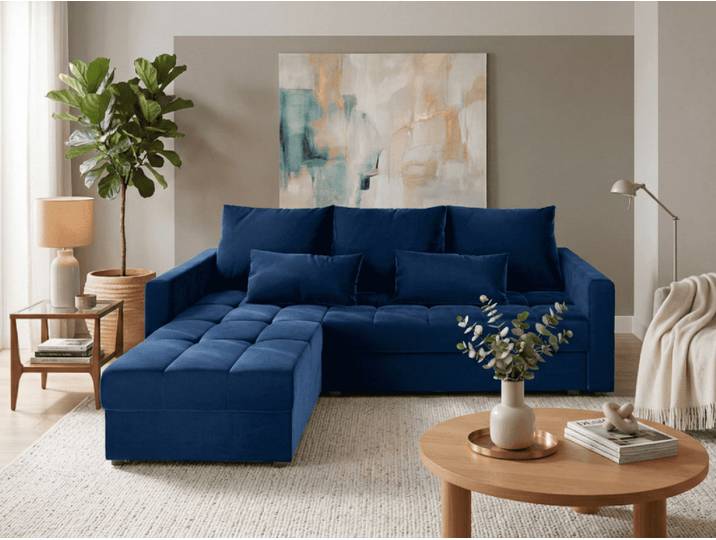 ANGEBOT Dunkelblaue ausziehbare Eckcouch ZENOVA 220x140 cm, beidseitig II. Wahl