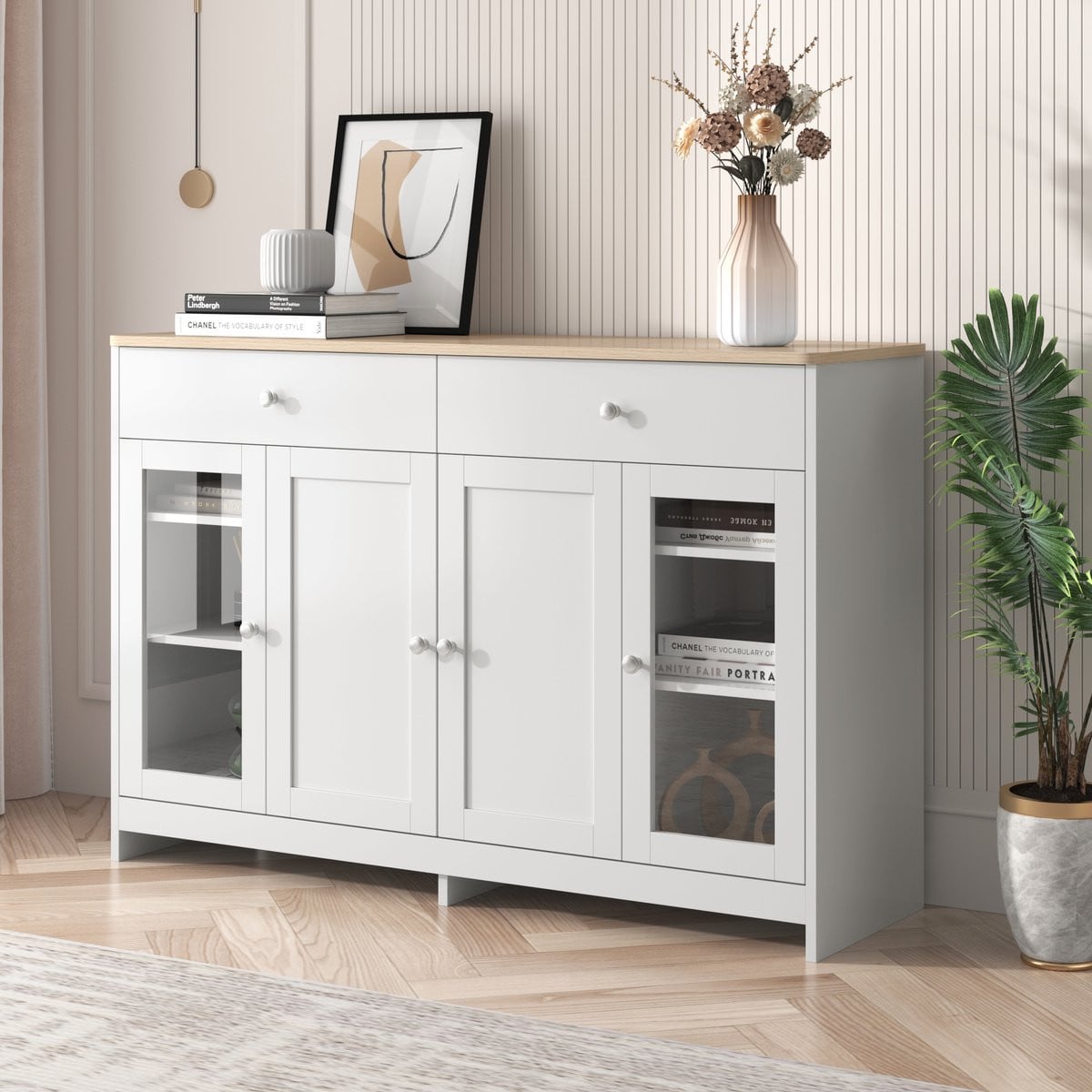REDOM Sideboard buffetkast landelijk wit met houtkleurig bovenblad, 120 cm breed