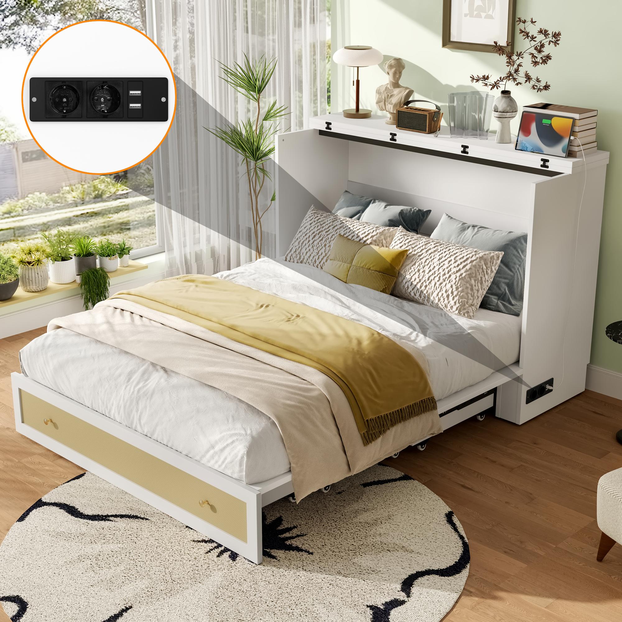 Sweiko Schrankbett, 140 x 200, Mobiles Schrankbett mit Schubladen am Bettende und Regal am Kopfende des Bettes, mit USB und Steckdose, Umbaubares Plattformbett, Ohne Matratze, Weiß