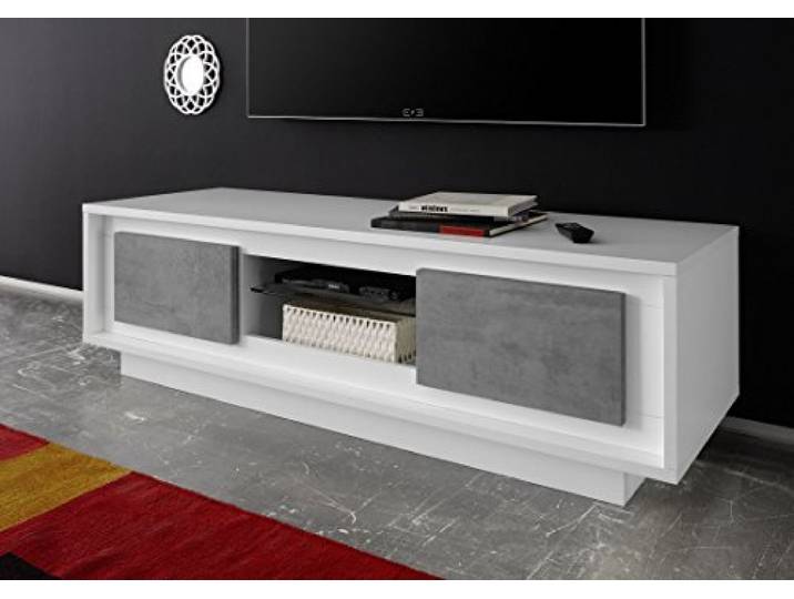 SKY TV Möbel 2 türiger TV Bank, Holz, Weiss matt/Beton, 156 x 50 x 45 cm