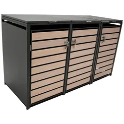 Mülltonnenbox BERLIN 200x80x116cm für 3x Tonnen 120 und 240 Liter, Stahl anthrazit mit Türen Holzoptik