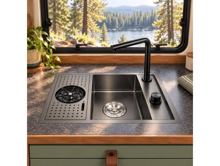 Wohnmobil Küchenspüle, 304 Camper Spüle für Wohnmobil mit Abtropffläche Mit Hochklappbarem und Ausziehbarem Klapphahn und Gläserspüler(60x40x23cm/23.6x15.7x9in)