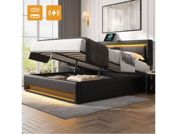 Lit Rembourré 140x190cm En PU Noir Lit Coffre LED FloraGrace Pour Chambre 2 Places USB Et Recharge Sans Fil 140x190cm